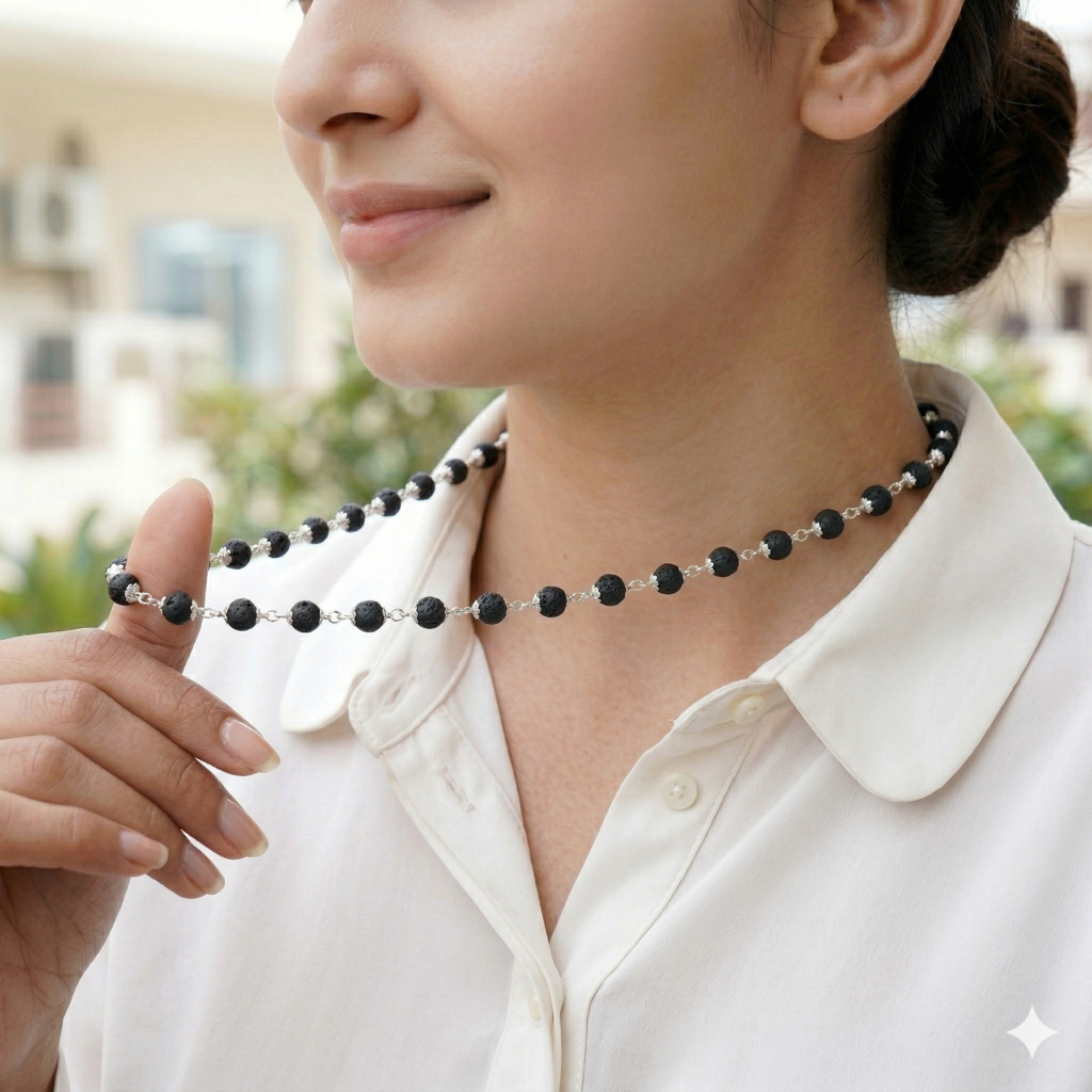 925 Sterling Silver Karungali Mala (6–7Mm) | Natural Ebony Wood Beads Mala For Men & Women | Dual Silver Wire  : ZVR-6-7MM-KRG