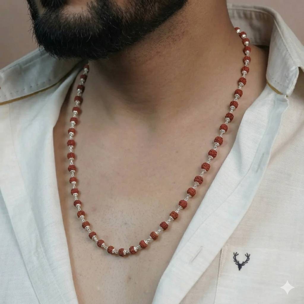 925 Sterling Silver Rudraksha Mala (6Mm Beads) | Natural Rudraksh Chain Necklace For Men & Women | Pure Chandi : ZVR-6MM-RUDML