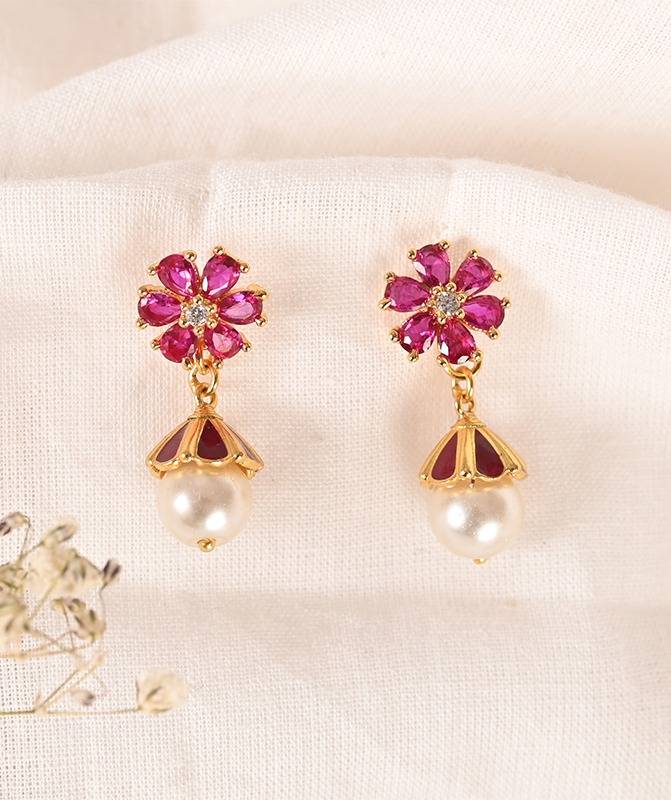 2 In 1 Pure Silver Detachable Dani Pearl Drop Jhumki Earring In Red : EC006