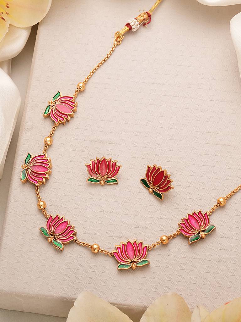 Elegant Lotus Motif Gold-Plated Necklace Earrings Set Brass Multi