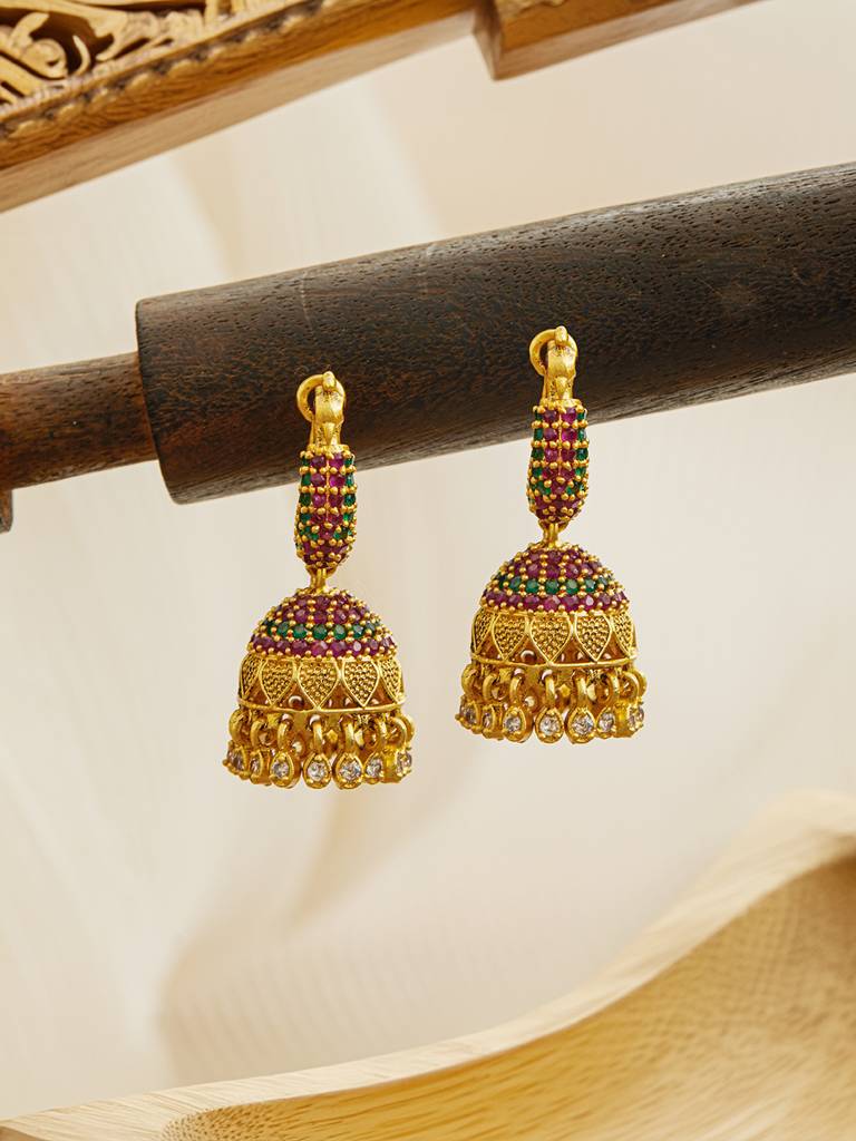 24Ct Gold-Plated Stone Studded & Beaded Peacock Shaped Jhumkas : EAR-JS24-30316