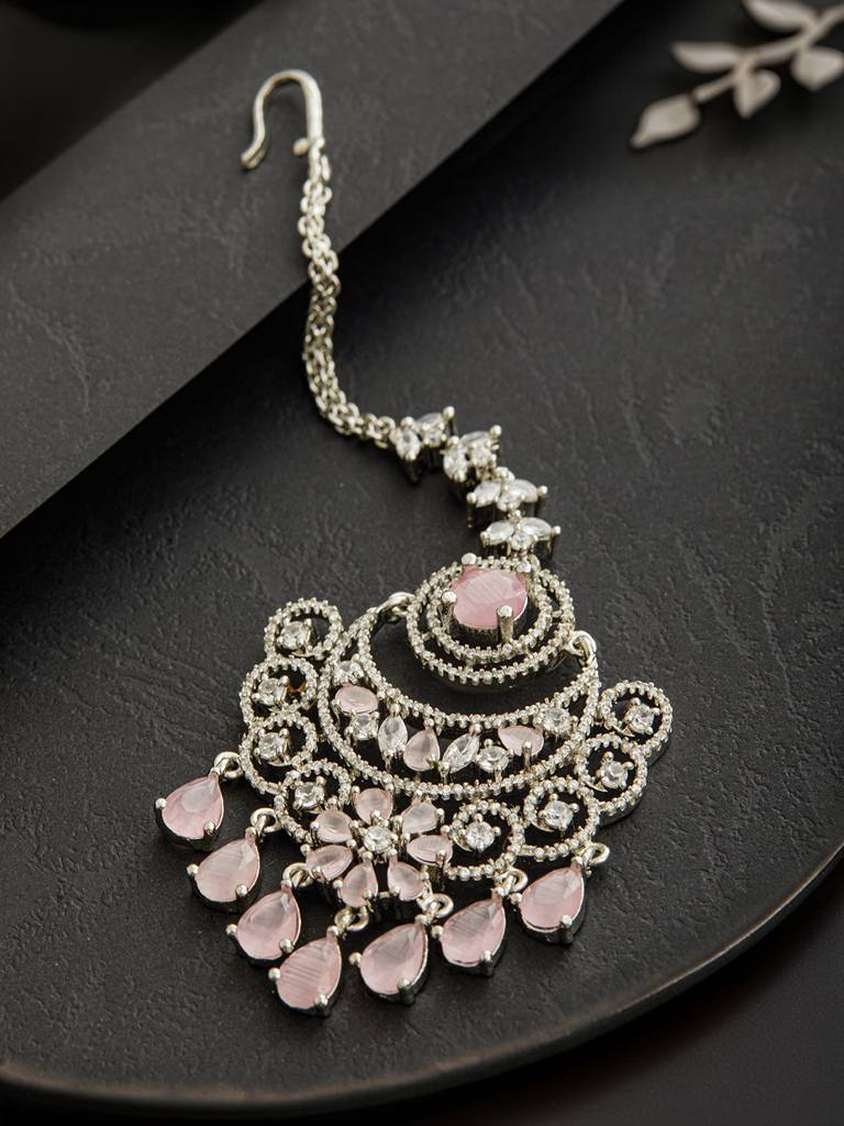 Rhodium-Plated American Diamond Studded Maang Tikka Head Jewellery