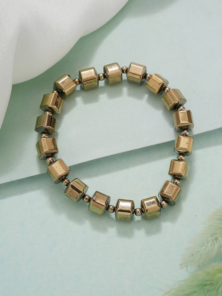 Natural Coated Pyrite Brass Energy Bracelet With Round Cube Beads : STBR8205