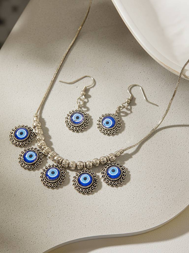 Silver-Plated Oxidised Eveil Eye Necklace & Earrings : NL-JS24-40406