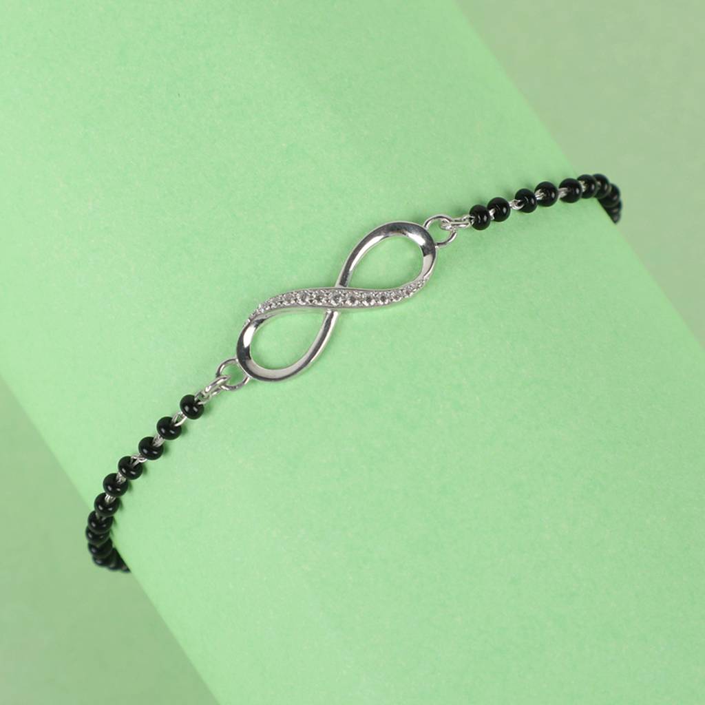 Clara 925 Sterling Silver Rhodium Plated Black Beads Infinity Hand Mangalsutra Bracelet : CSBRF17_MCH