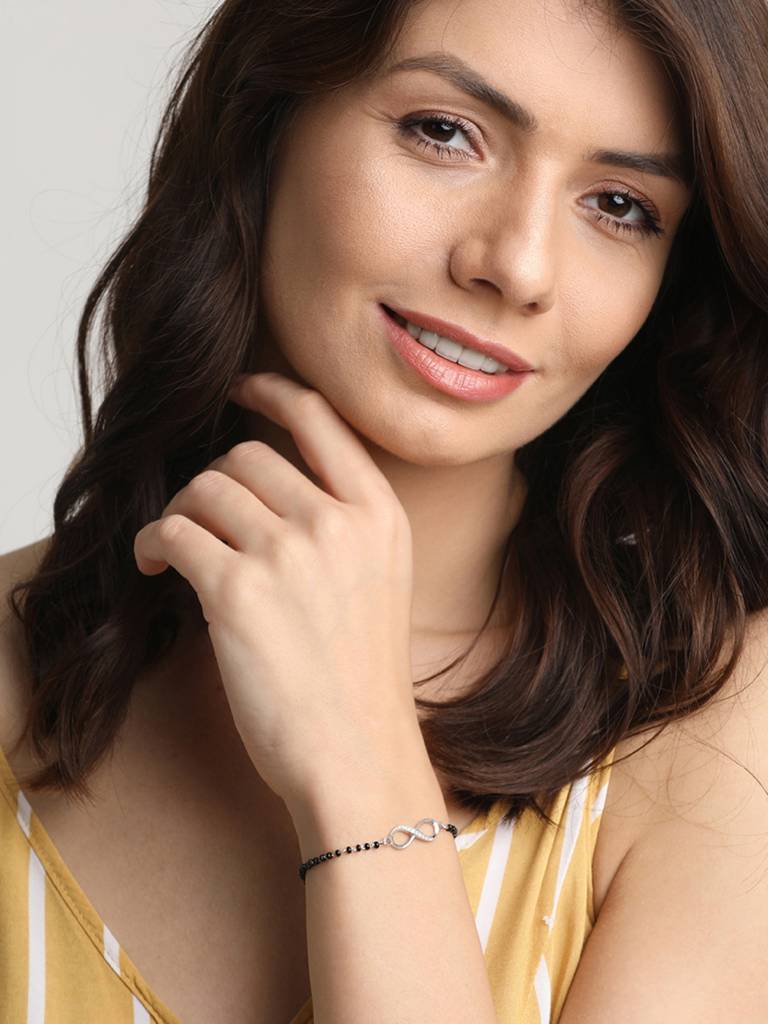 Clara 925 Sterling Silver Rhodium Plated Black Beads Infinity Hand Mangalsutra Bracelet : CSBRF17_MCH