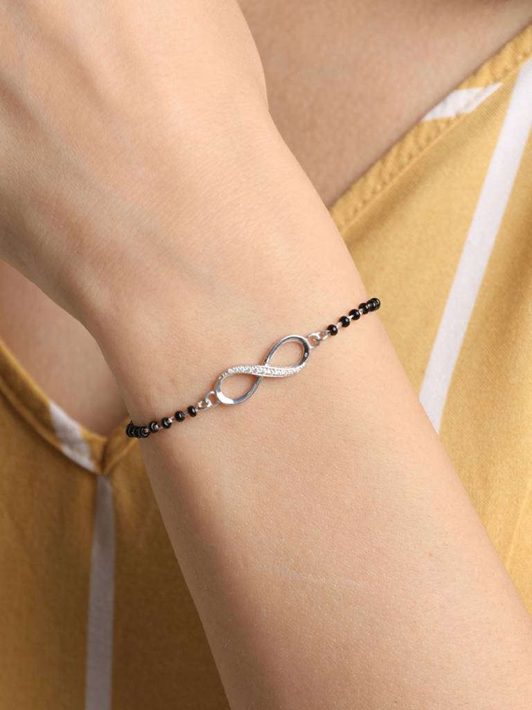 Clara 925 Sterling Silver Rhodium Plated Black Beads Infinity Hand Mangalsutra Bracelet : CSBRF17_MCH