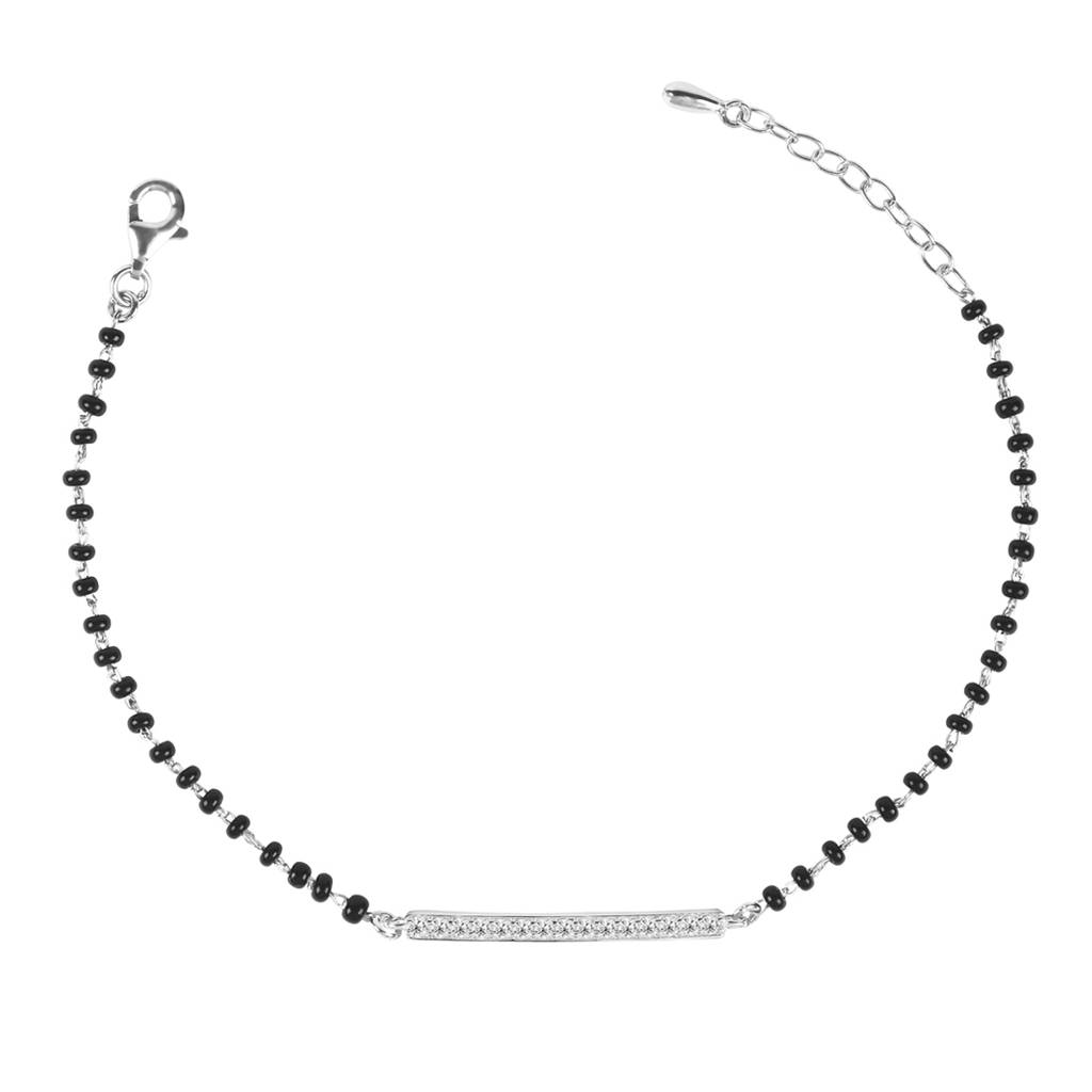 Clara 925 Sterling Silver Rhodium Plated Black Beads Bar Hand Mangalsutra Bracelet : CSBRF18_MCH
