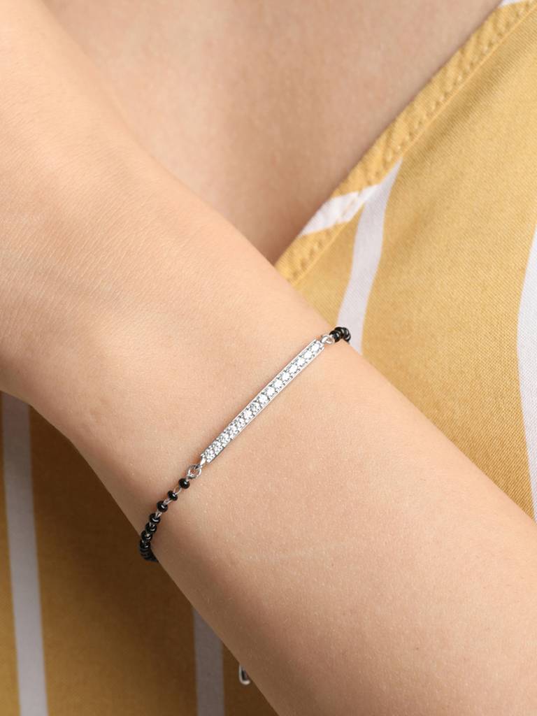 Clara 925 Sterling Silver Rhodium Plated Black Beads Bar Hand Mangalsutra Bracelet : CSBRF18_MCH