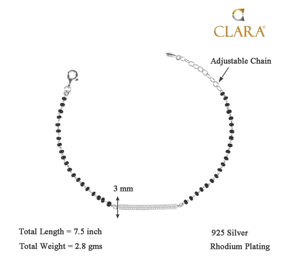 Clara 925 Sterling Silver Rhodium Plated Black Beads Bar Hand Mangalsutra Bracelet : CSBRF18_MCH