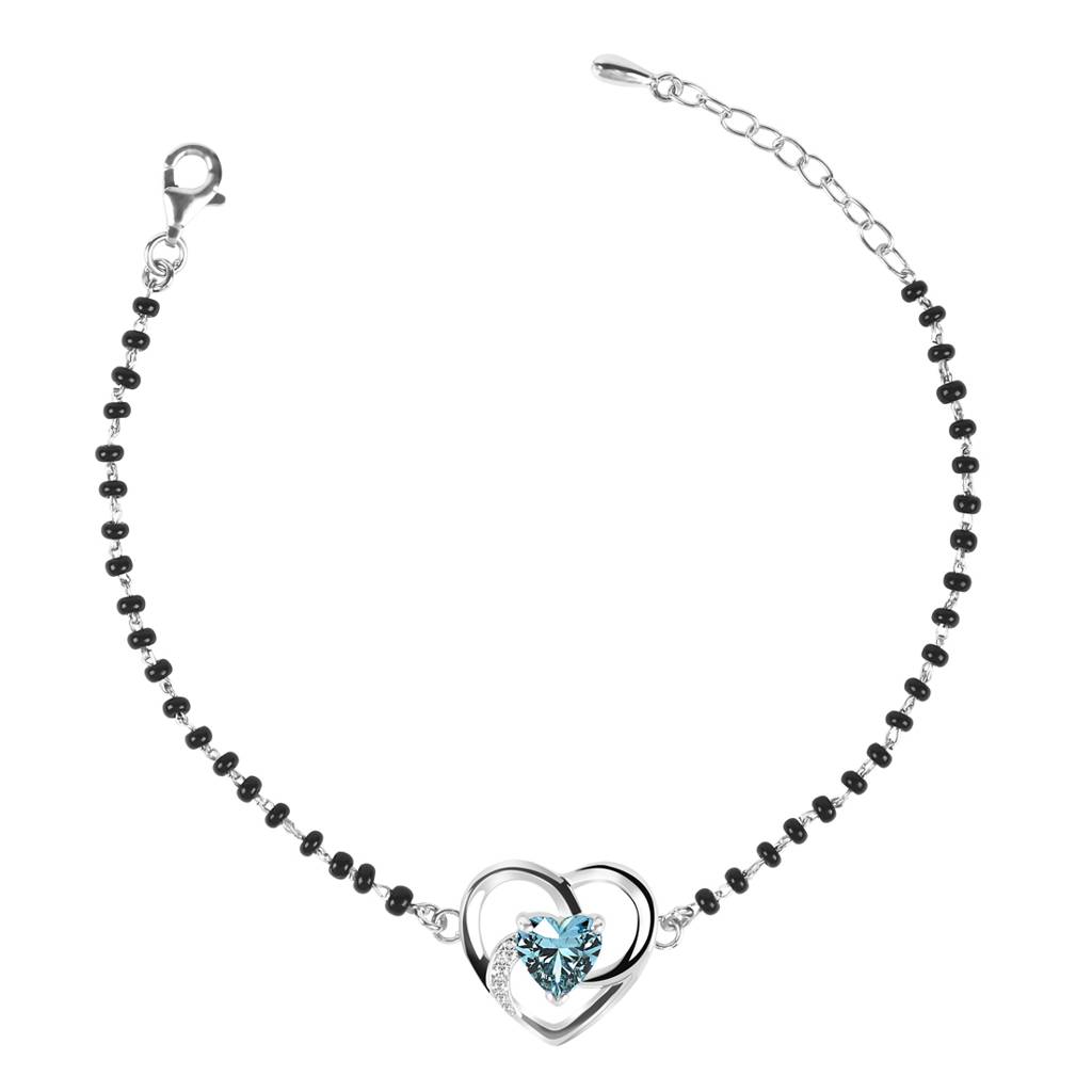 Clara 925 Sterling Silver Rhodium Plated Black Beads Heart Hand Mangalsutra Bracelet : CSBRF19_MCH