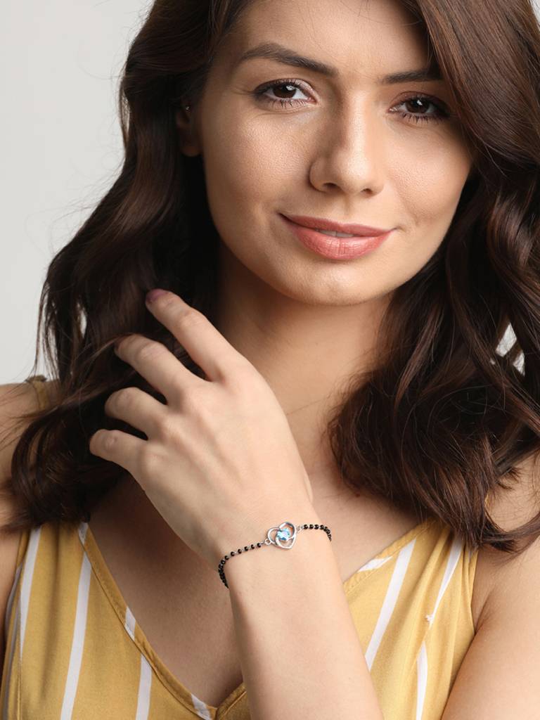 Clara 925 Sterling Silver Rhodium Plated Black Beads Heart Hand Mangalsutra Bracelet : CSBRF19_MCH