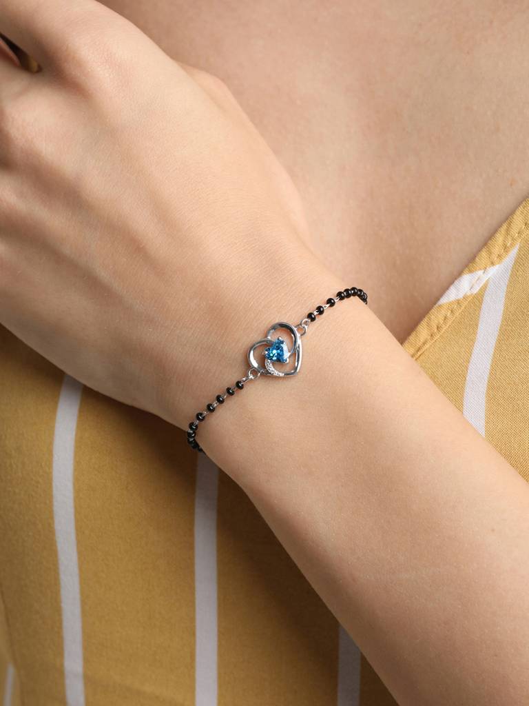 Clara 925 Sterling Silver Rhodium Plated Black Beads Heart Hand Mangalsutra Bracelet : CSBRF19_MCH