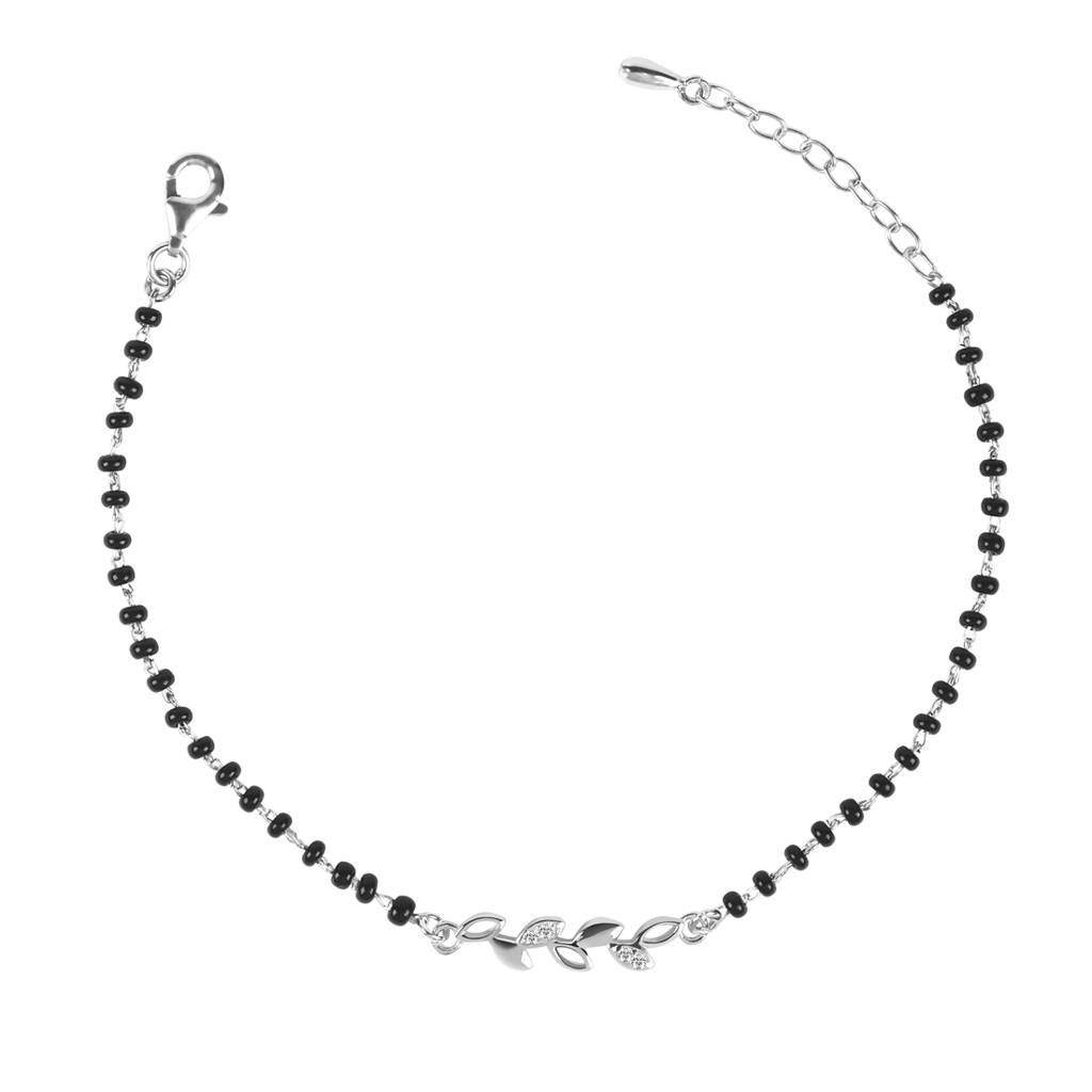 Clara 925 Sterling Silver Rhodium Plated Black Beads Leaf Hand Mangalsutra Bracelet : CSBRF20_MCH