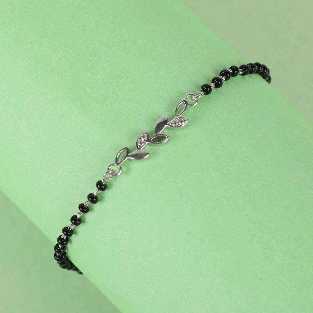 Clara 925 Sterling Silver Rhodium Plated Black Beads Leaf Hand Mangalsutra Bracelet : CSBRF20_MCH