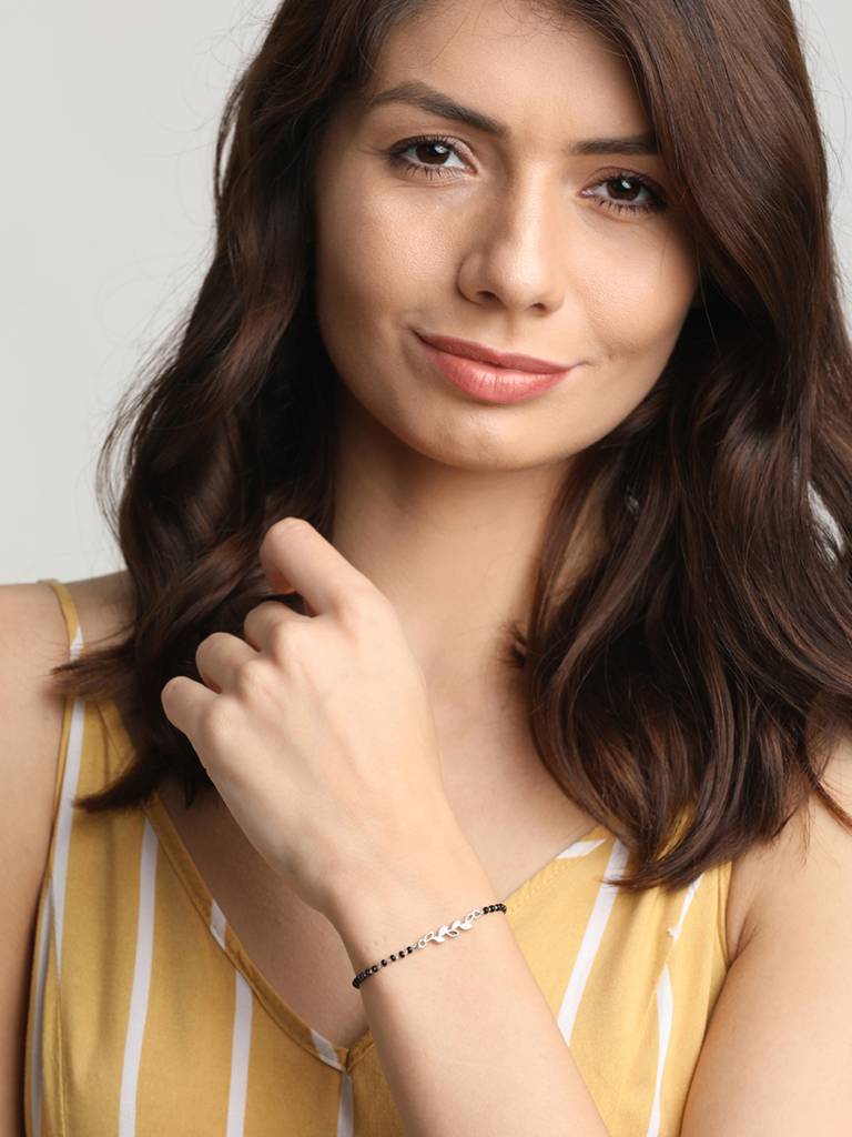 Clara 925 Sterling Silver Rhodium Plated Black Beads Leaf Hand Mangalsutra Bracelet : CSBRF20_MCH
