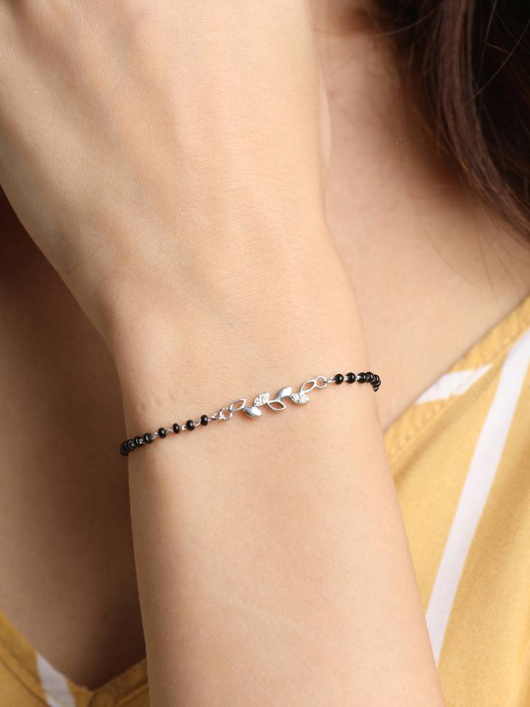 Clara 925 Sterling Silver Rhodium Plated Black Beads Leaf Hand Mangalsutra Bracelet : CSBRF20_MCH