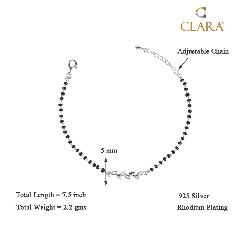 Clara 925 Sterling Silver Rhodium Plated Black Beads Leaf Hand Mangalsutra Bracelet : CSBRF20_MCH