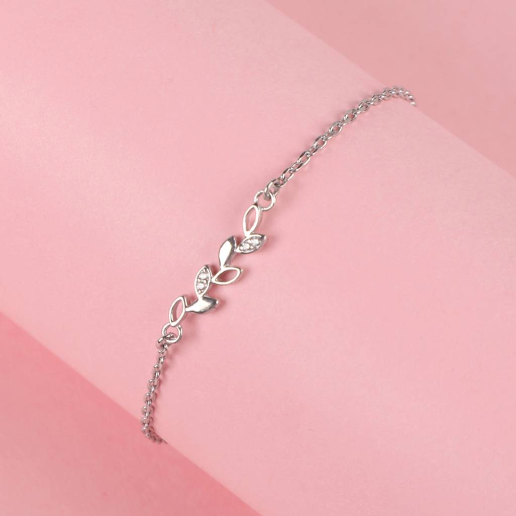 Clara 925 Sterling Silver Adjustable Rhodium Plated Leaf Swiss Zirconia Bracelet : CSBRF20_SCH