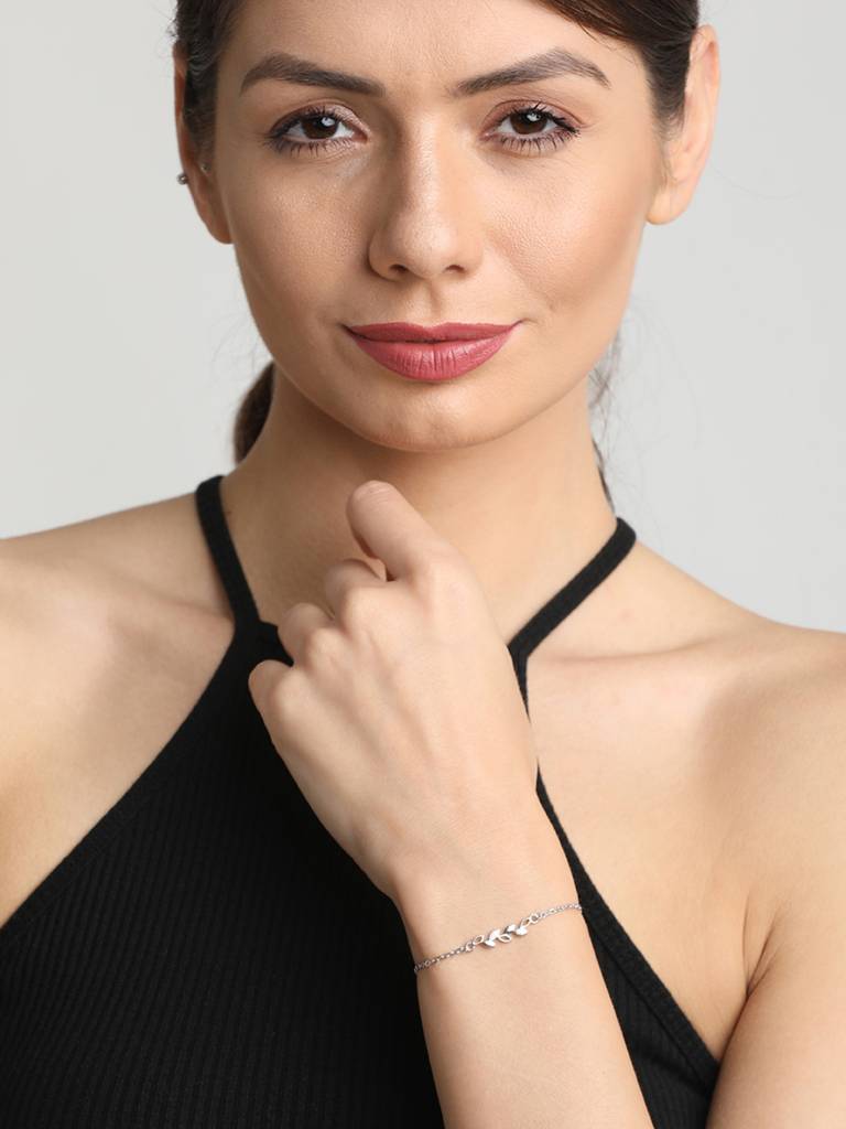 Clara 925 Sterling Silver Adjustable Rhodium Plated Leaf Swiss Zirconia Bracelet : CSBRF20_SCH