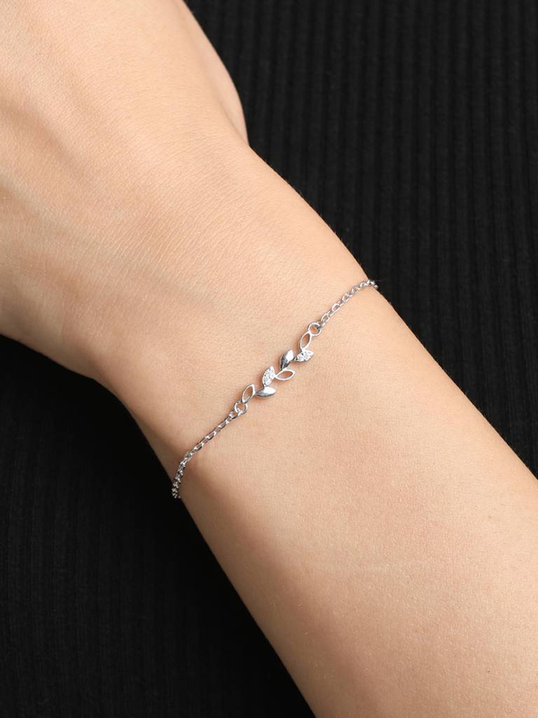 Clara 925 Sterling Silver Adjustable Rhodium Plated Leaf Swiss Zirconia Bracelet : CSBRF20_SCH