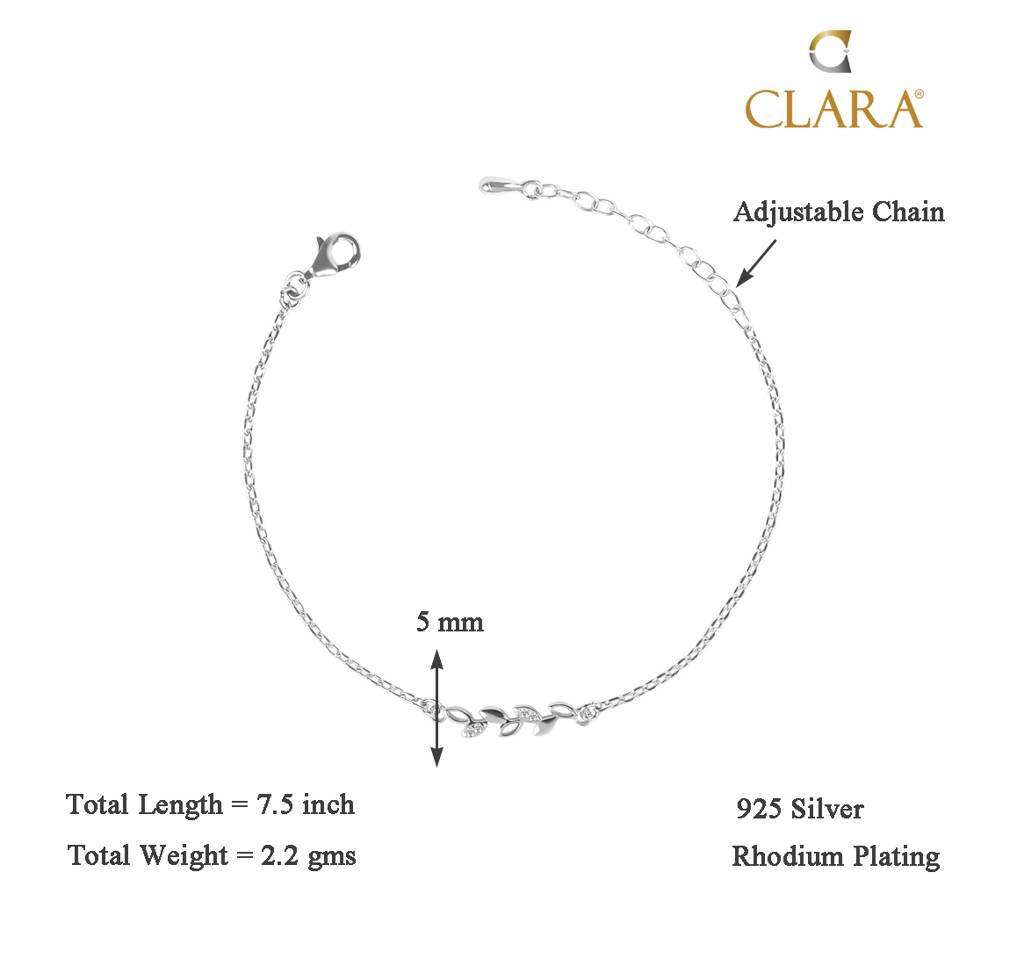 Clara 925 Sterling Silver Adjustable Rhodium Plated Leaf Swiss Zirconia Bracelet : CSBRF20_SCH