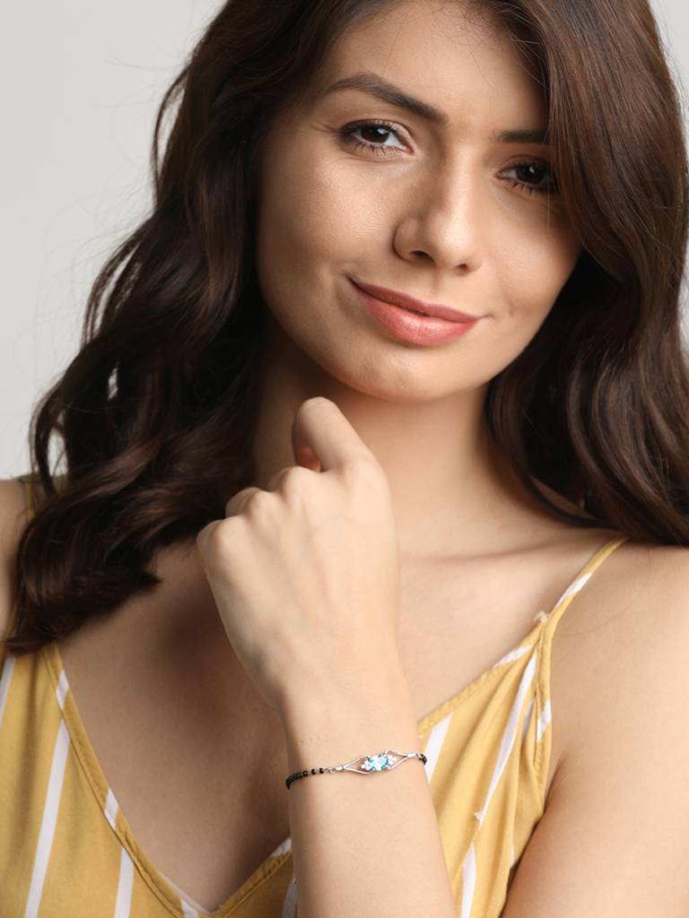 Clara 925 Sterling Silver Rhodium Plated Black Beads Topaz Hand Mangalsutra Bracelet : CSBRF21_MCH