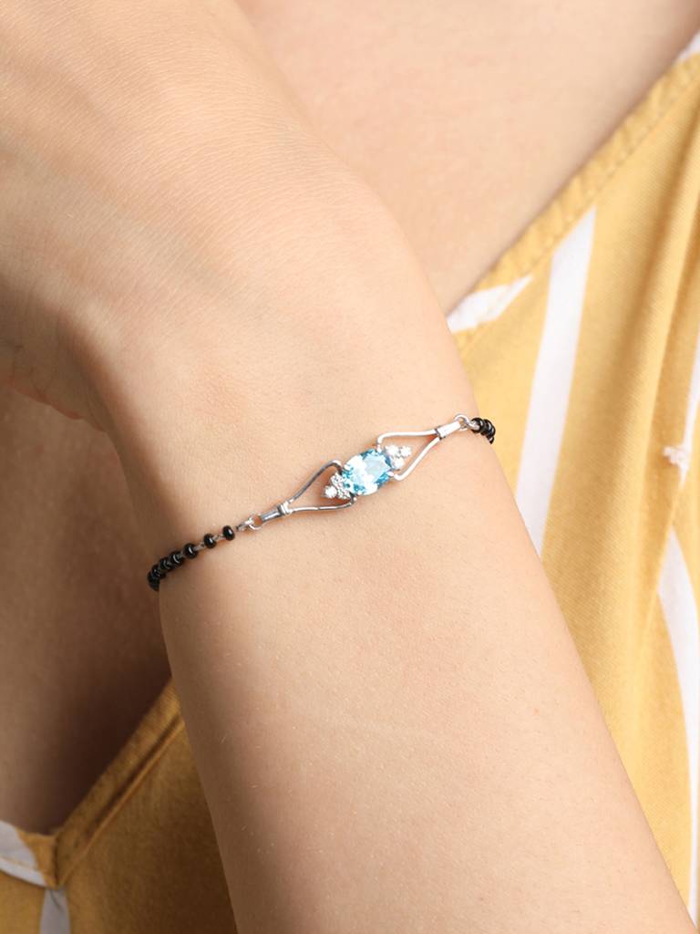 Clara 925 Sterling Silver Rhodium Plated Black Beads Topaz Hand Mangalsutra Bracelet : CSBRF21_MCH