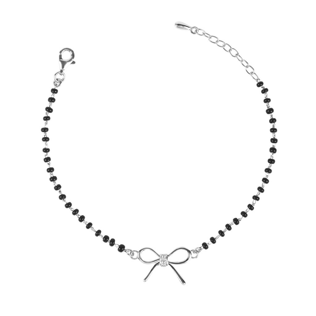 Clara 925 Sterling Silver Rhodium Plated Black Beads Bow Hand Mangalsutra Bracelet : CSBRF22_MCH