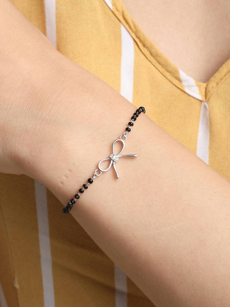 Clara 925 Sterling Silver Rhodium Plated Black Beads Bow Hand Mangalsutra Bracelet : CSBRF22_MCH