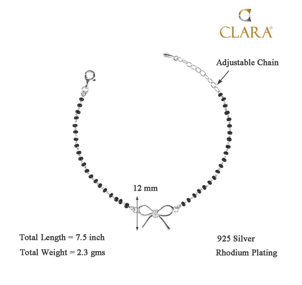 Clara 925 Sterling Silver Rhodium Plated Black Beads Bow Hand Mangalsutra Bracelet : CSBRF22_MCH