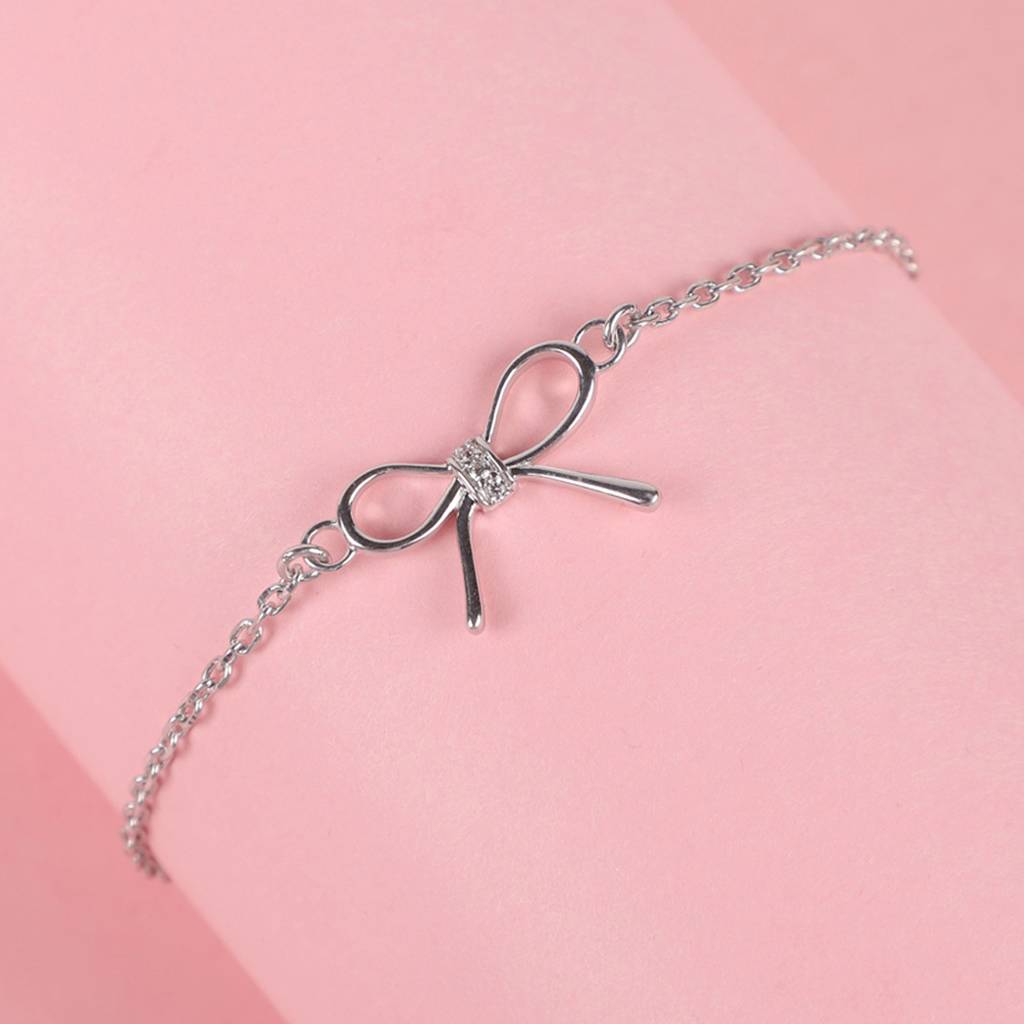 Clara 925 Sterling Silver Adjustable Rhodium Plated Bow Swiss Zirconia Bracelet : CSBRF22_SCH
