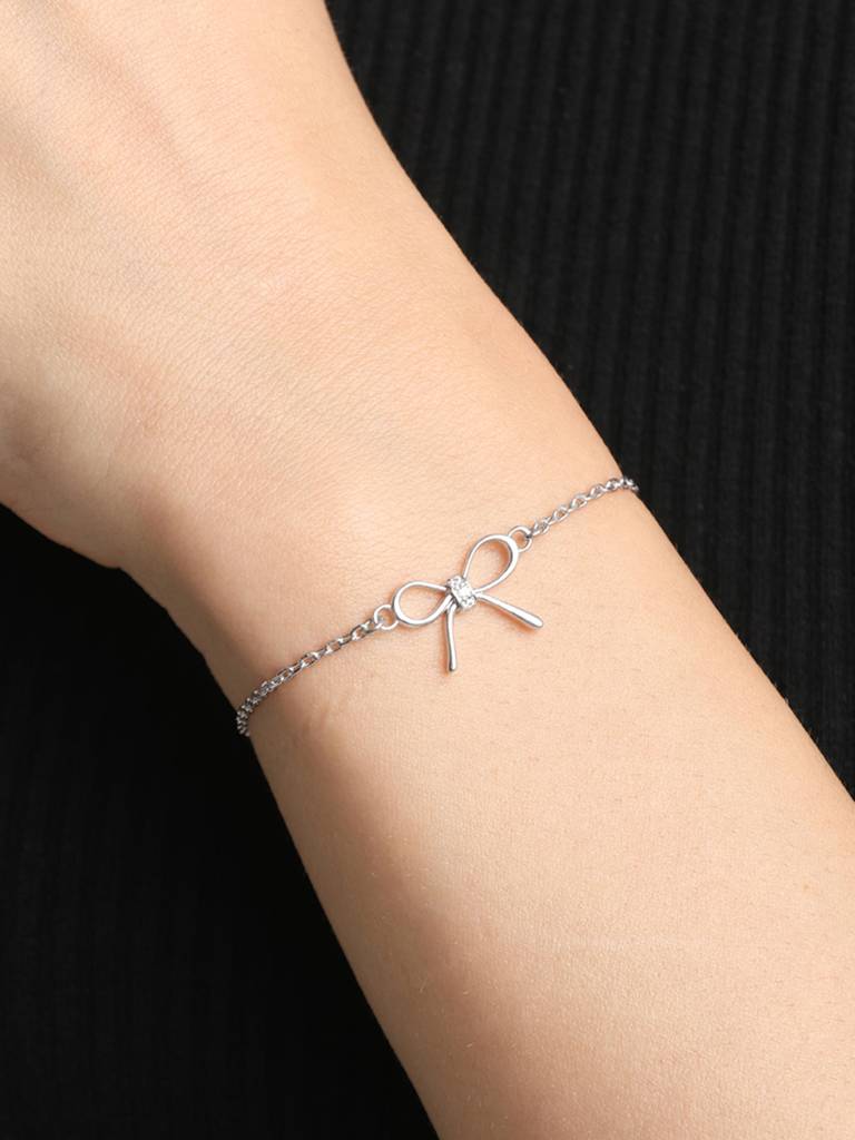 Clara 925 Sterling Silver Adjustable Rhodium Plated Bow Swiss Zirconia Bracelet : CSBRF22_SCH