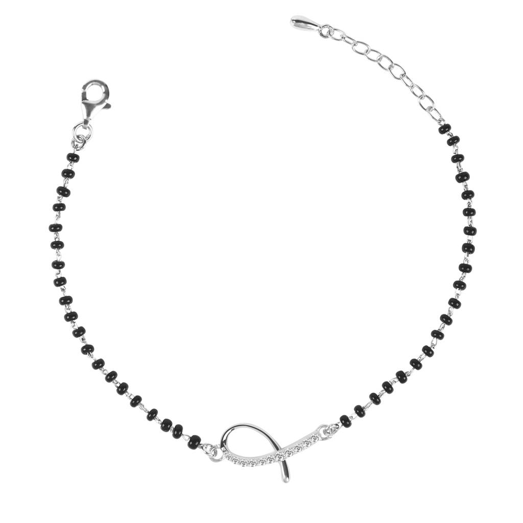 Clara 925 Sterling Silver Rhodium Plated Black Beads Lia Hand Mangalsutra Bracelet : CSBRF23_MCH