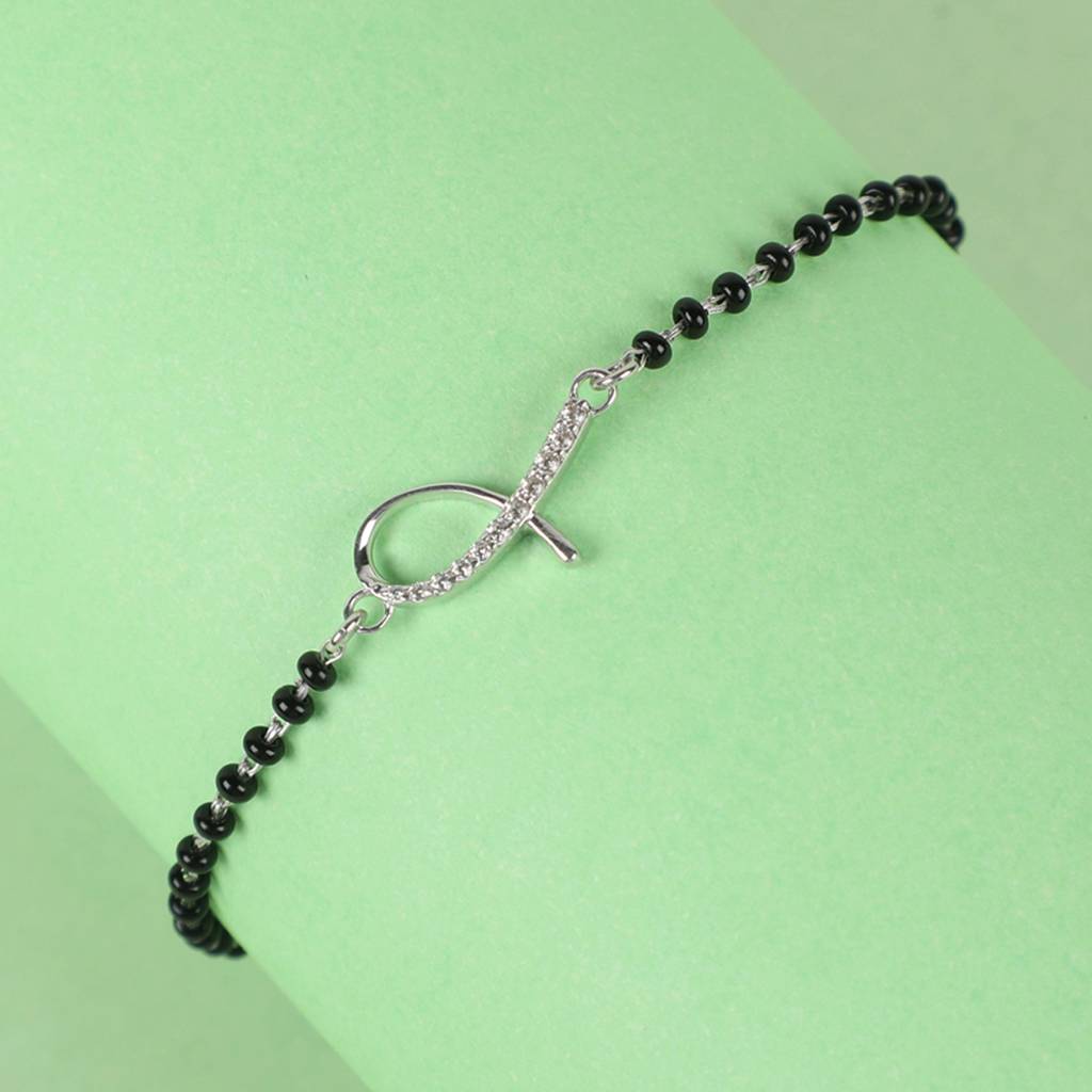 Clara 925 Sterling Silver Rhodium Plated Black Beads Lia Hand Mangalsutra Bracelet : CSBRF23_MCH