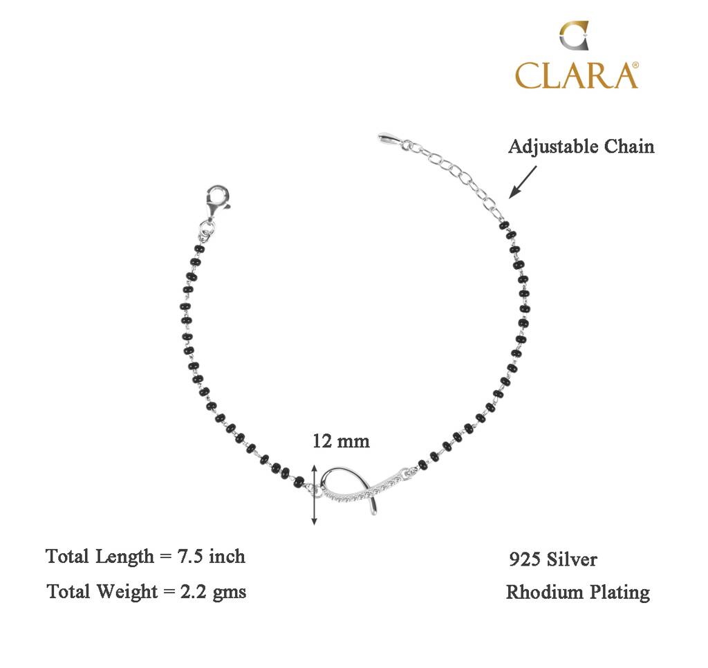 Clara 925 Sterling Silver Rhodium Plated Black Beads Lia Hand Mangalsutra Bracelet : CSBRF23_MCH