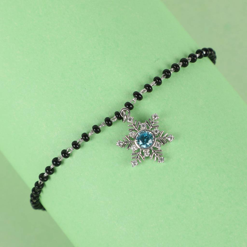 Clara 925 Sterling Silver Rhodium Plated Black Beads Snowflake Hand Mangalsutra Bracelet : CSBRF24_MCH