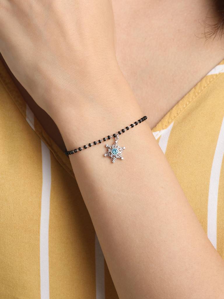 Clara 925 Sterling Silver Rhodium Plated Black Beads Snowflake Hand Mangalsutra Bracelet : CSBRF24_MCH