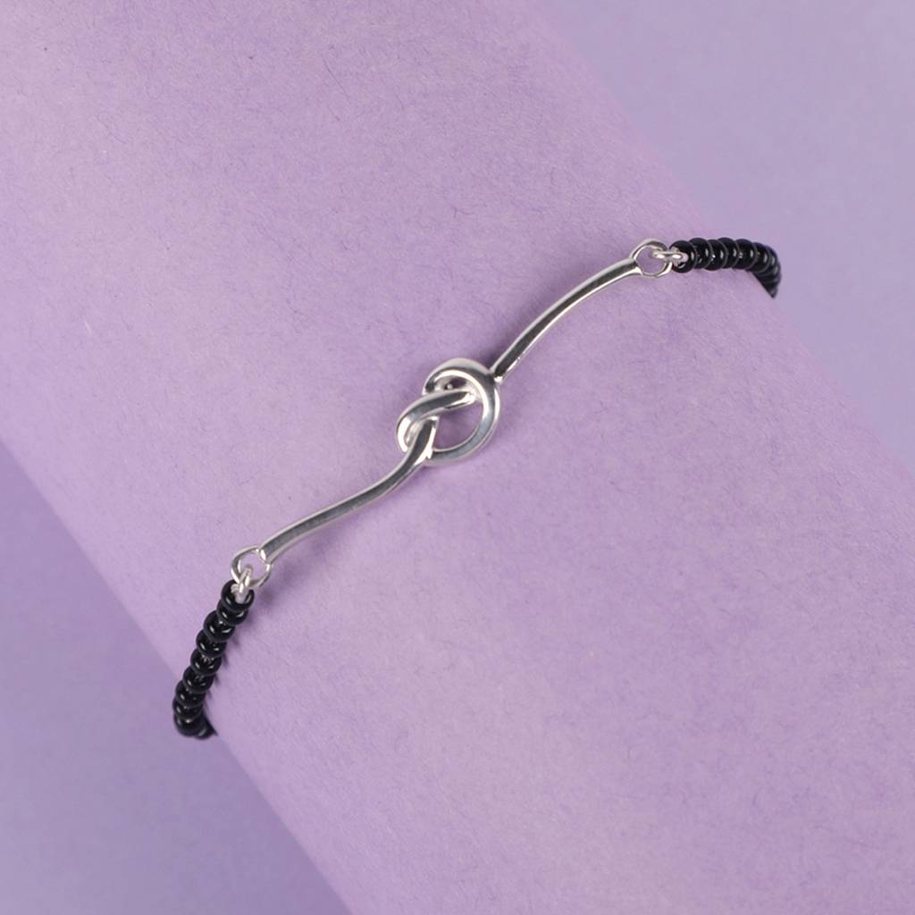 Clara 925 Sterling Silver Rhodium Plated Black Beads Knot Hand Mangalsutra Bracelet : CSBRF25_MCH