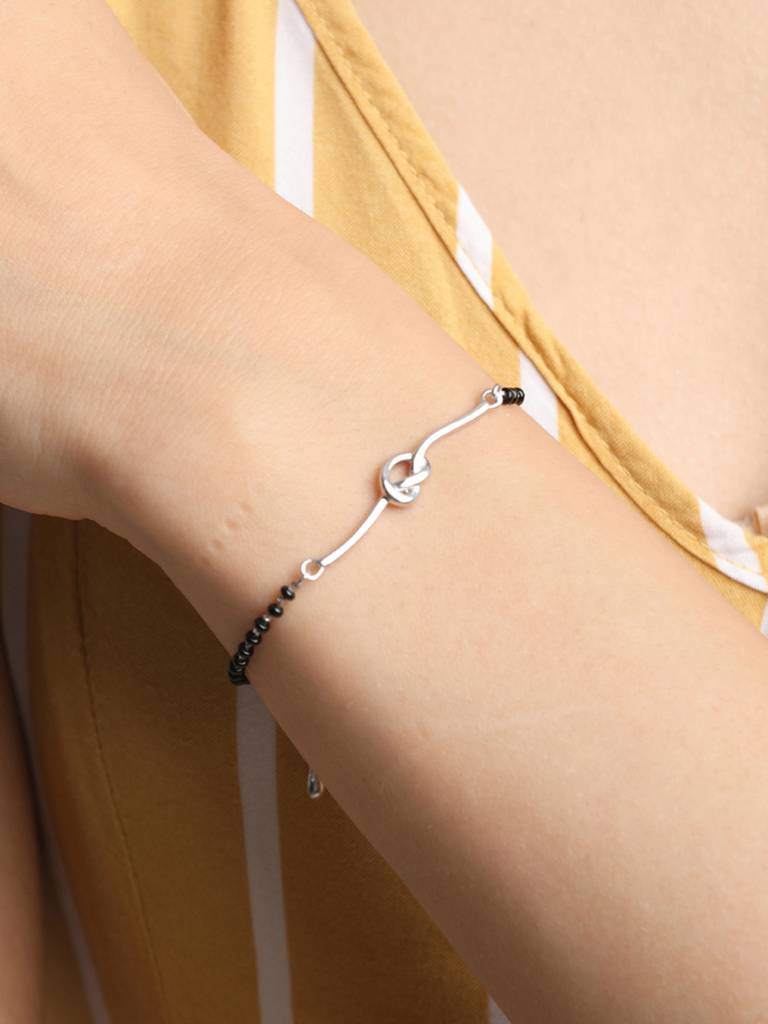 Clara 925 Sterling Silver Rhodium Plated Black Beads Knot Hand Mangalsutra Bracelet : CSBRF25_MCH