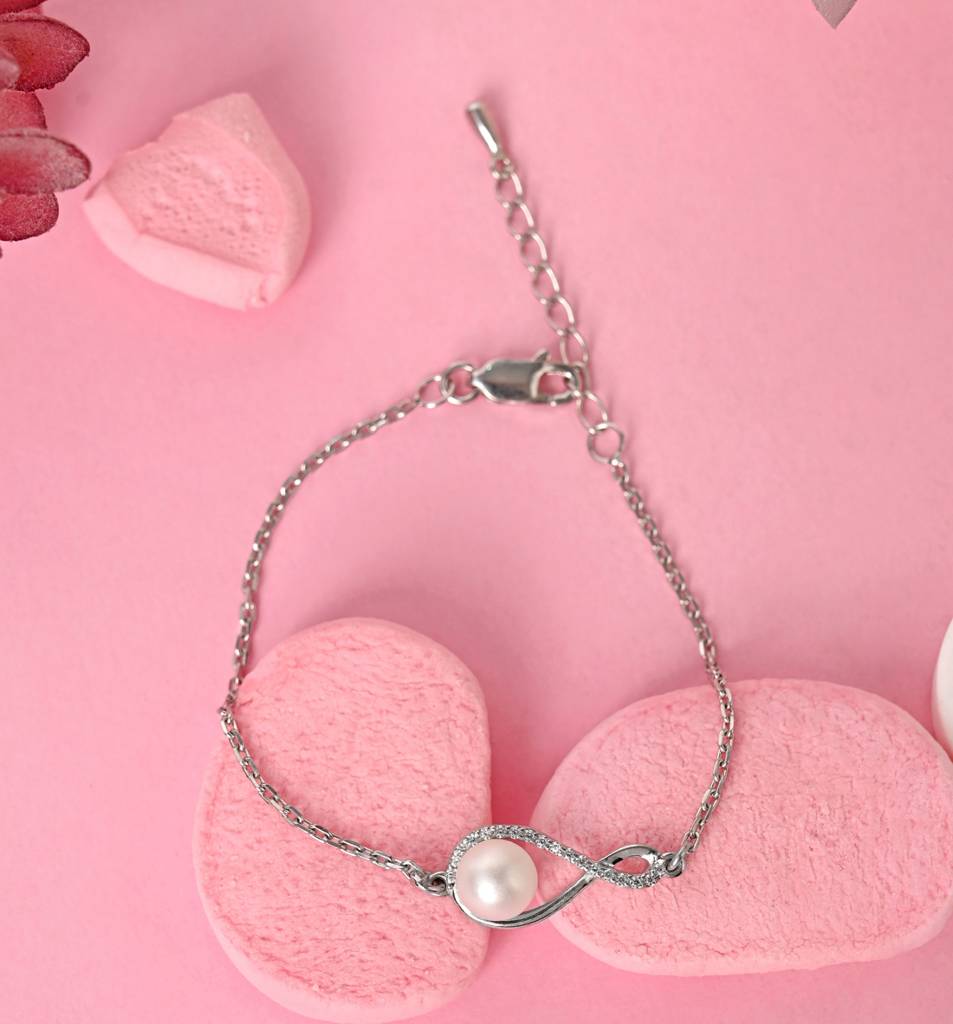 Clara 925 Pure Silver Adjustable Anti Tarnish Swiss Zirconia Real Pearl Hand Bracelet : CSBRF32_SCH