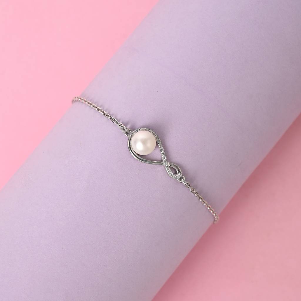 Clara 925 Pure Silver Adjustable Anti Tarnish Swiss Zirconia Real Pearl Hand Bracelet : CSBRF32_SCH