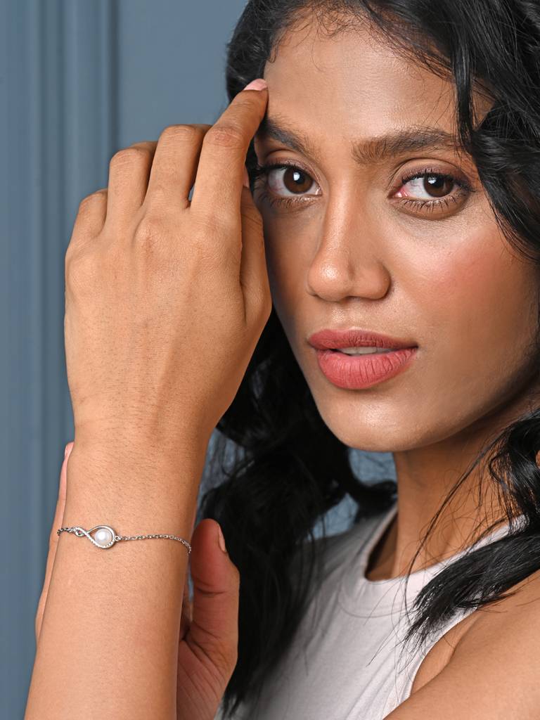 Clara 925 Pure Silver Adjustable Anti Tarnish Swiss Zirconia Real Pearl Hand Bracelet : CSBRF32_SCH