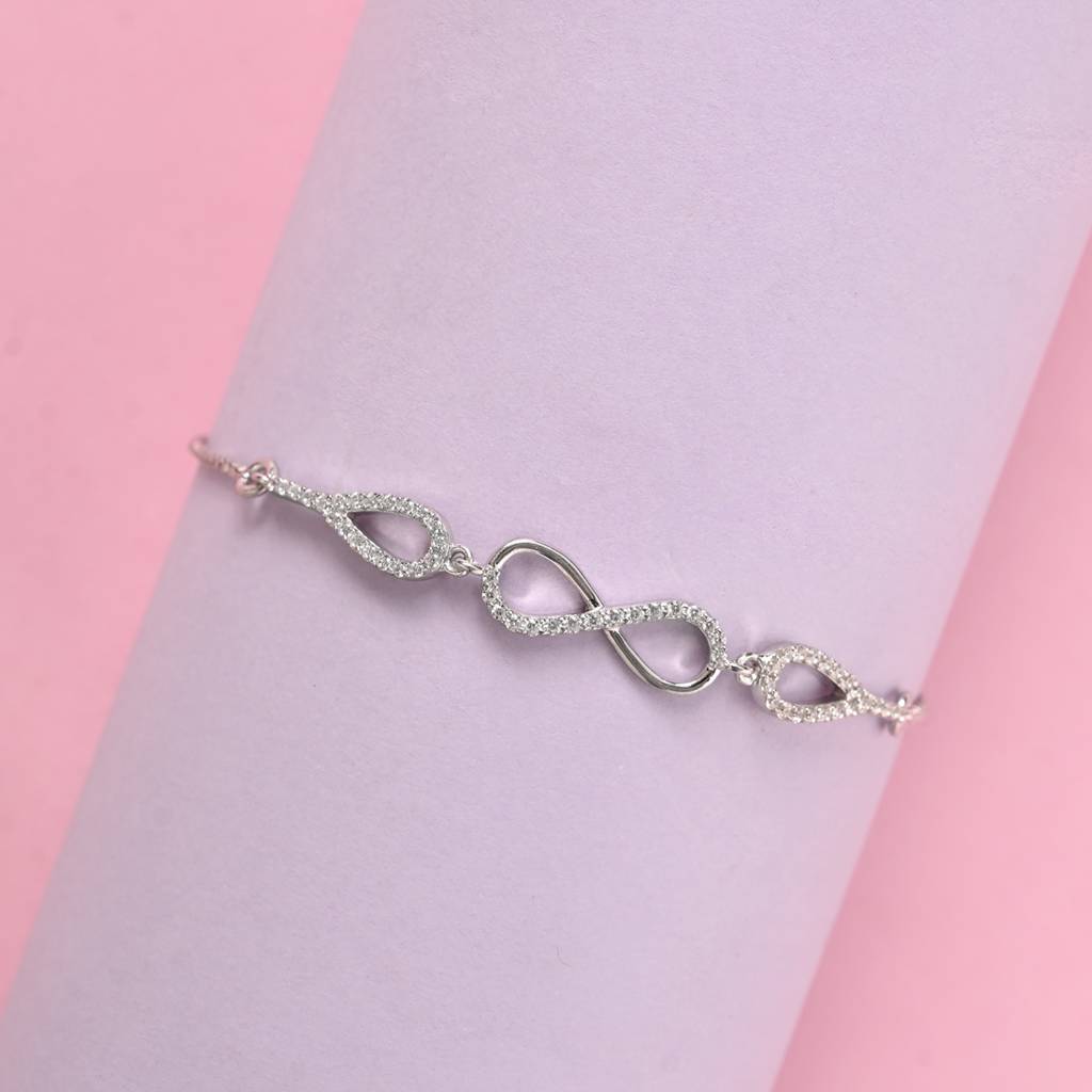 Clara 925 Pure Silver Adjustable Anti Tarnish Swiss Zirconia Stone Infinity Hand Bracelet : CSBRF33_SCH