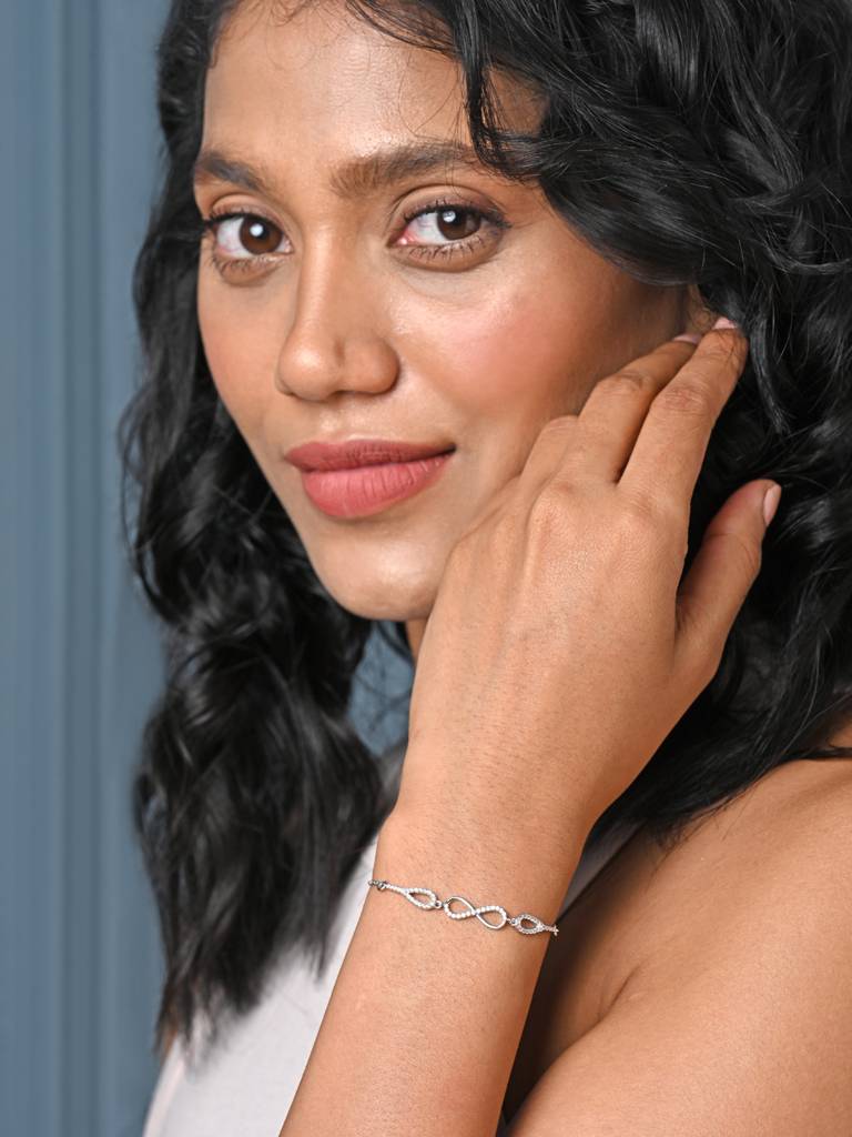 Clara 925 Pure Silver Adjustable Anti Tarnish Swiss Zirconia Stone Infinity Hand Bracelet : CSBRF33_SCH