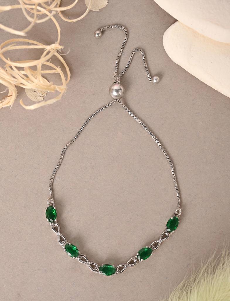 Clara 925 Pure Silver Adjustable Anti Tarnish Swiss Zirconia Green Infinity Hand Bracelet : CSBRF34_SCH