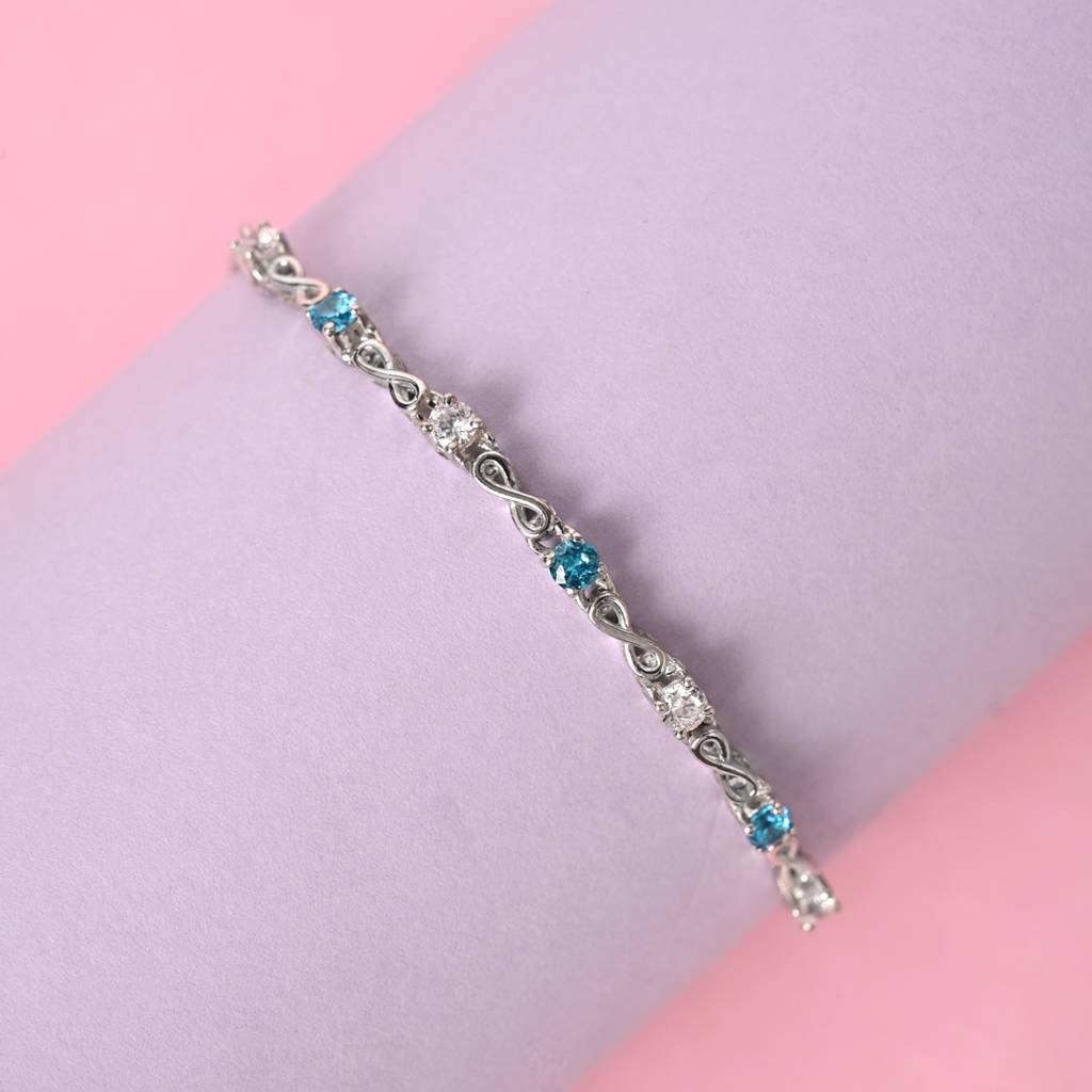 Clara 925 Pure Silver Adjustable Anti Tarnish Swiss Zirconia Blue Infinity Hand Bracelet : CSBRF35_SCH