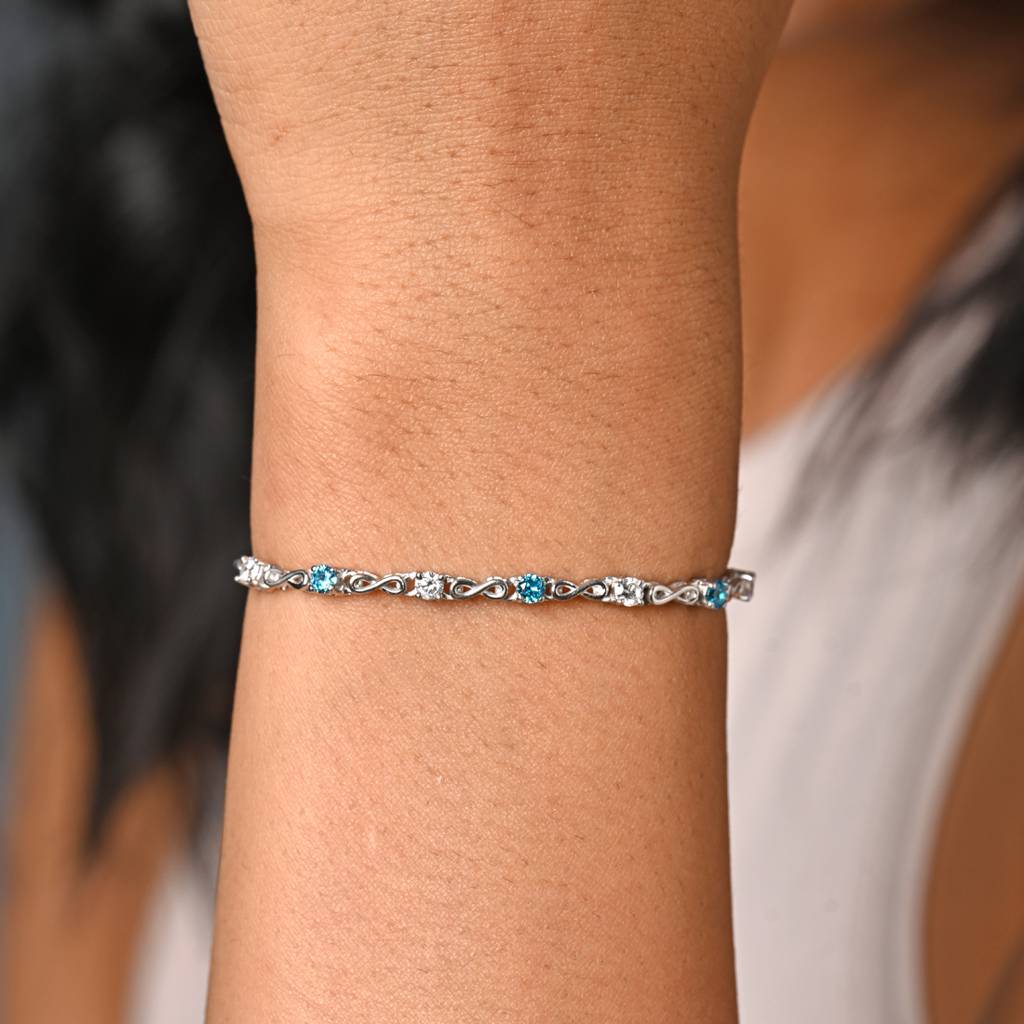 Clara 925 Pure Silver Adjustable Anti Tarnish Swiss Zirconia Blue Infinity Hand Bracelet : CSBRF35_SCH