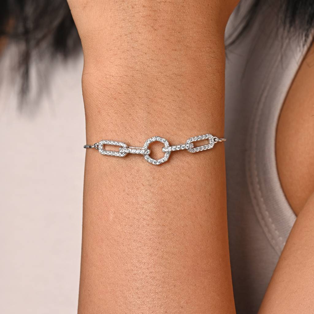 Clara 925 Pure Silver Adjustable Anti Tarnish Swiss Zirconia Designer Hand Bracelet : CSBRF36_SCH