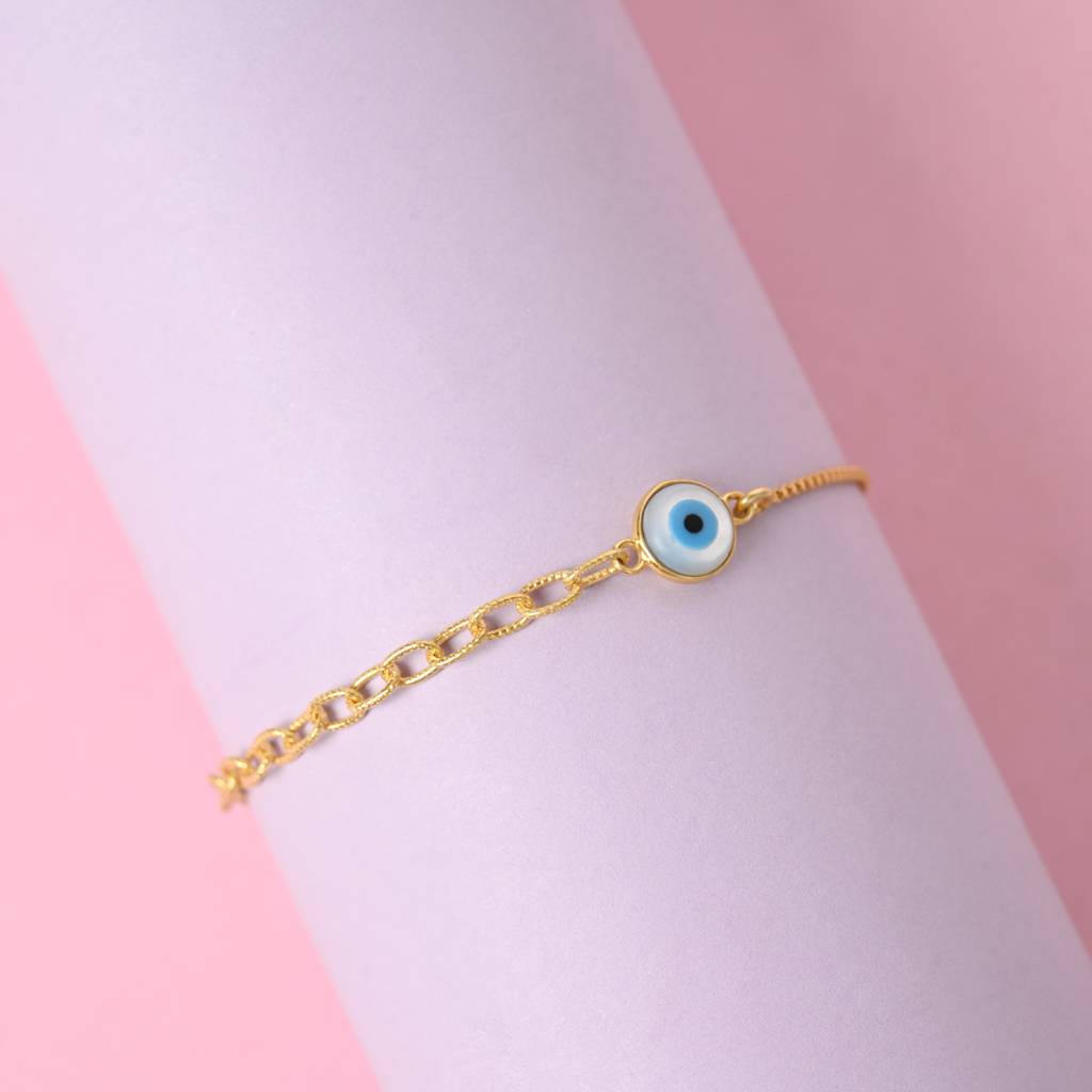 Clara 925 Pure Silver Adjustable Gold Plated Anti Tarnish Golden Evil Eye Hand Bracelet : CSEEBRF37_SCH